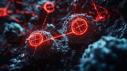 Laser beams targeting cancer cells, representing precise cancer treatment.