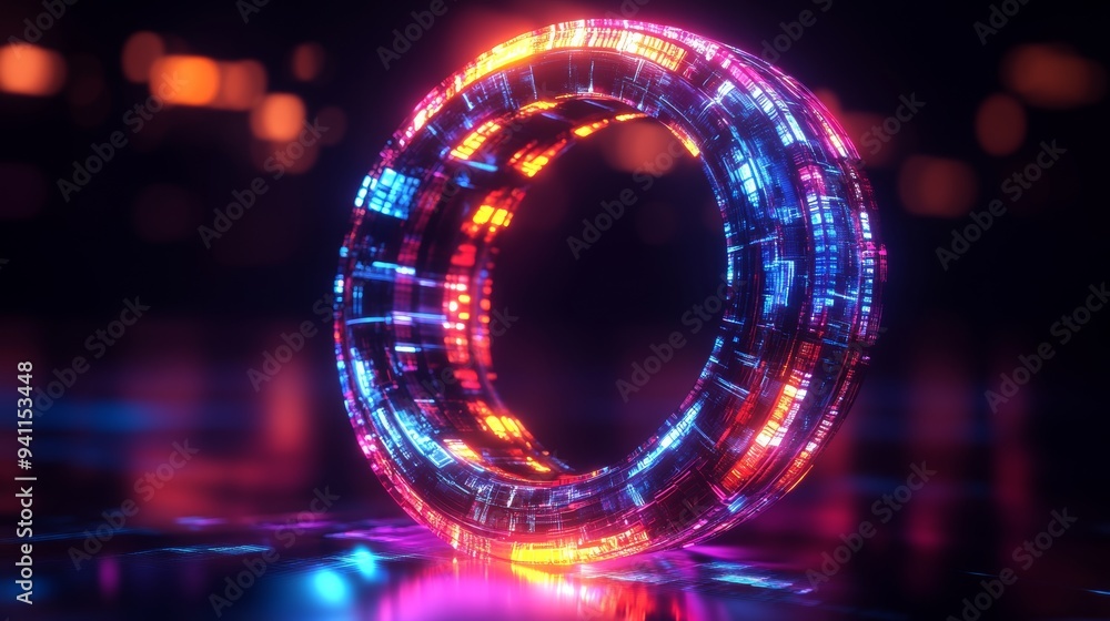 Poster glowing neon rings stacked in a futuristic design, creating a vibrant and dynamic abstract pattern