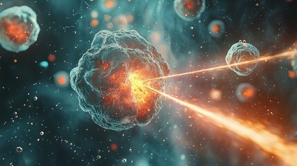 Laser beams targeting cancer cells in photodynamic therapy, illustrating precise treatment.