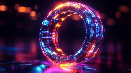 Obraz premium Glowing neon rings stacked in a futuristic design, creating a vibrant and dynamic abstract pattern