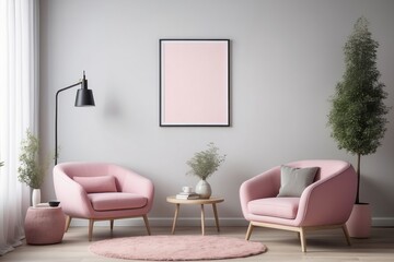 Two Pink Armchairs with a Coffee Table and a Potted Plant