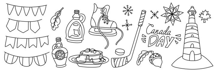A set of vector doodle illustrations on a Canadian theme in a flat contour style. Canada Day. Individual objects, food, holiday on a white background. Ideal for creating handmade souvenirs