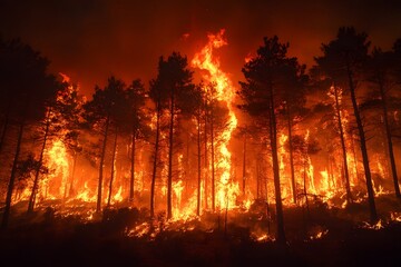 Forest Fire Inferno: A fiery inferno engulfs a dense forest, casting an ominous glow across the night sky. The flames dance and lick at the towering pines, highlighting the destructive power of nature