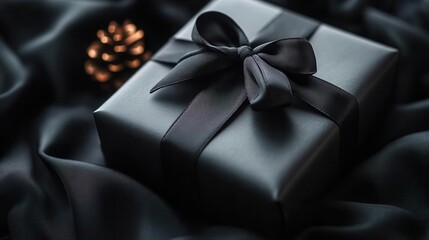 elegant black gift box on black velvet background subtle sheen ribbon detail soft shadows and minimalist composition with negative space