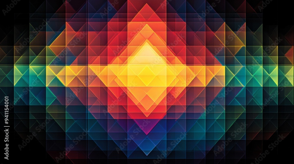 Poster abstract geometric pattern with overlapping colorful triangles and a glowing central shape