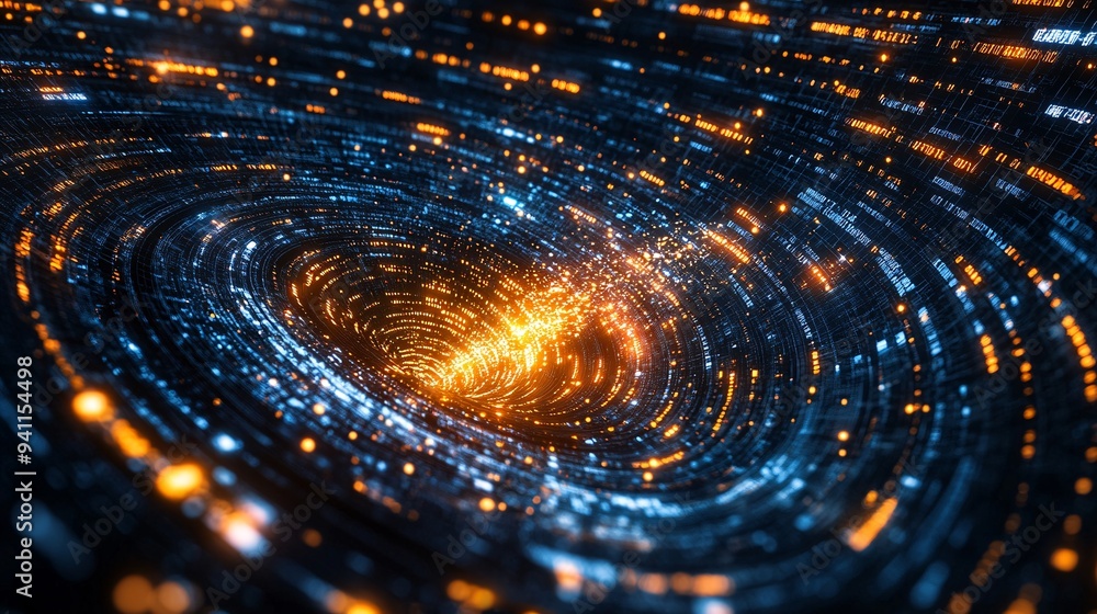 Poster an abstract depiction of ai as a swirling vortex of data and light energy stock photo with copy spac