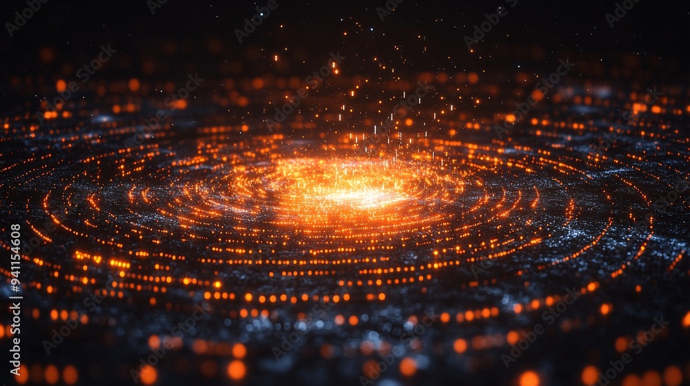 Poster An abstract depiction of AI as a swirling vortex of data and light energy Stock Photo with copy space