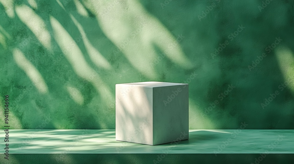 Poster minimalist white cube placed on a green surface with strong shadows, creating a modern and abstract 