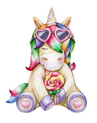 Cute unicorn  cartoon,  solated on white. Watercolor illustration.