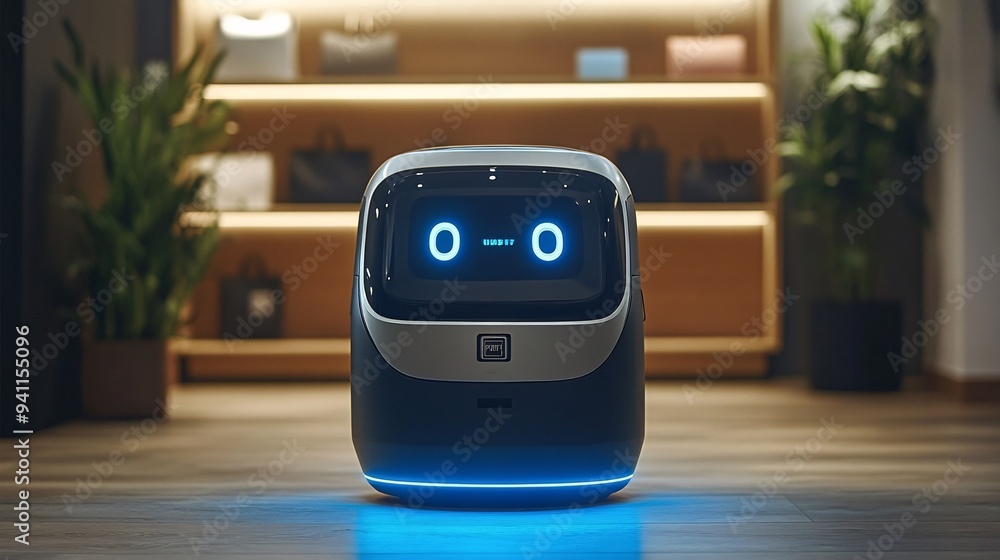 Poster A retail environment where AI-driven robots assist customers with shopping and checkout Stock Photo with copy space