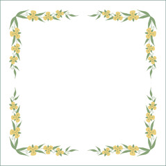 Green vegetal floral frame with leaves and yellow flowers, decorative corners for greeting cards, banners, business cards, invitations, menus. Isolated vector illustration.	
