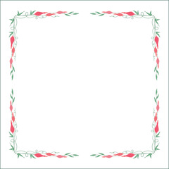 Green vegetal floral frame with leaves and pink flowers, decorative corners for greeting cards, banners, business cards, invitations, menus. Isolated vector illustration.	
