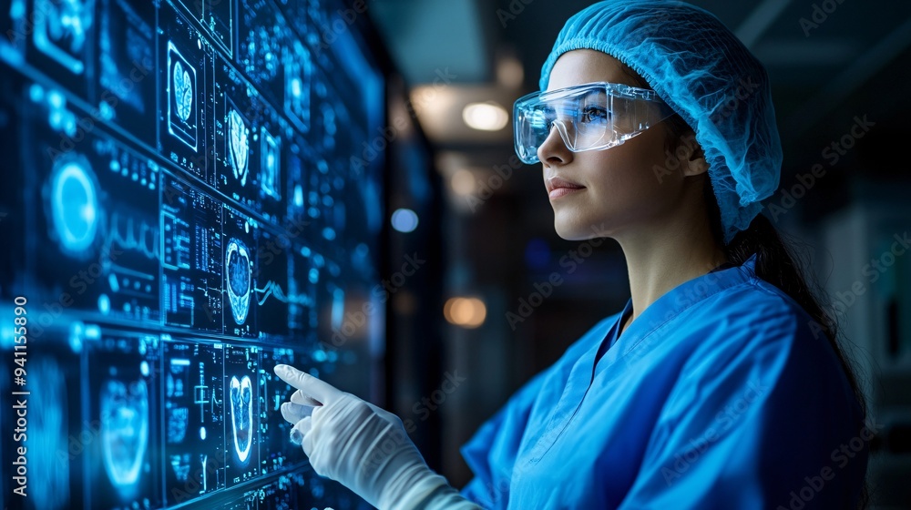 Poster a healthcare professional using ai-powered tools to perform a virtual surgery in a futuristic operat