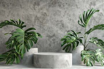 Empty podium for presentation of different goods and items with green nature leafs