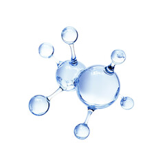 3D of a transparent molecule structure, blue spheres connected by rods, representing scientific research and chemistry concepts.