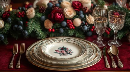Fototapeta premium elegant table setting with antique silverware rich red backdrop classic holiday ambiance luxurious details