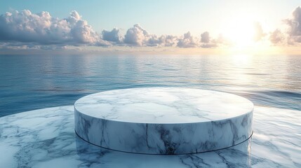 Naklejka premium elegant white marble podium stands against a serene seascape soft sunlight bathes the scene creating a luxurious atmosphere minimalist design with subtle shadows and reflections