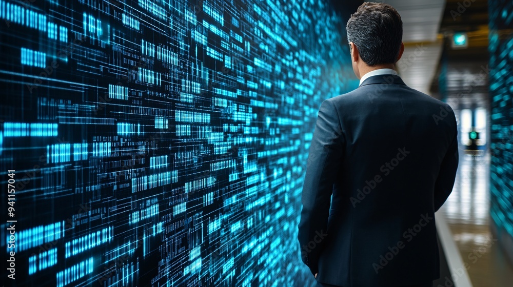 Poster A scientist using AI to model and predict climate change impacts on a global scale Stock Photo with copy space