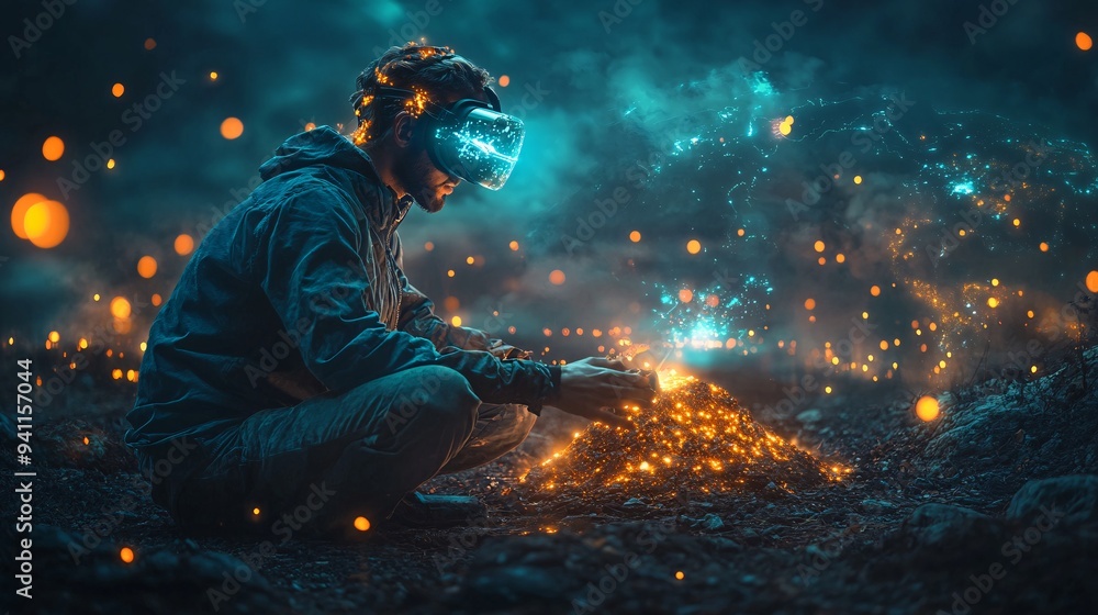 Poster A scientist using AI to model and predict climate change impacts on a global scale Stock Photo with copy space