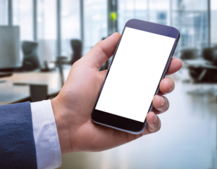 Man Holding Smartphone With Digital Wallet Interface in Modern Office Setting