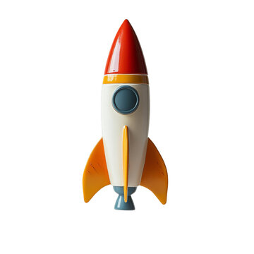 Colorful toy rocket with red, blue, and yellow details. Represents childhood imagination and space exploration. Isolated on transparent background.