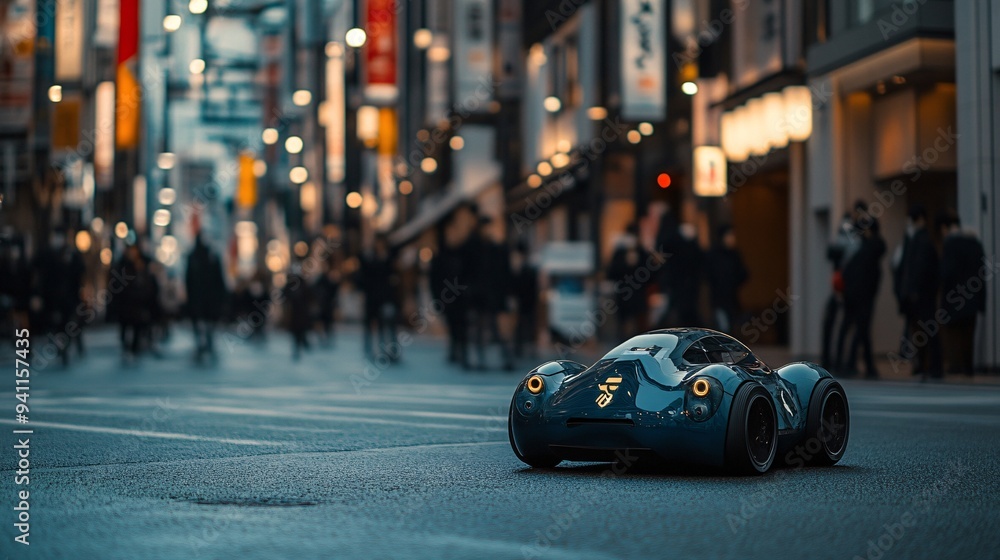 Poster An autonomous robot navigating through a crowded city street with the aid of AI for obstacle detection and route planning Stock Photo with copy space
