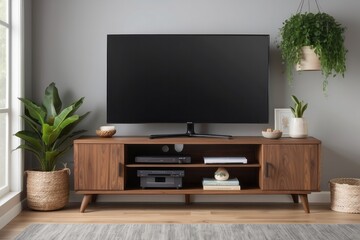 Modern Walnut TV Stand with Entertainment Components and Plants