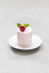 Cherry Creamy pudding cylindrical shape, Panna Cotta. Close-up