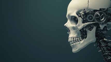 Steampunk skeleton with mechanical decorations, intricate shadows, industrial and futuristic theme