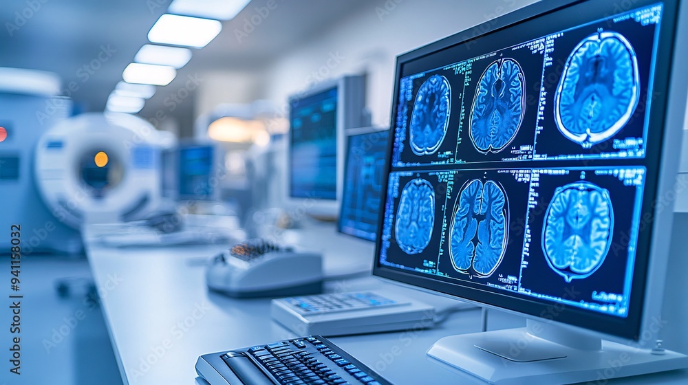 Poster a medical imaging device using ai to provide detailed and accurate scans for diagnostics stock photo