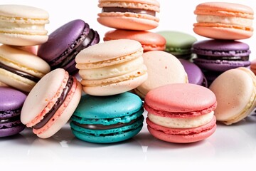 Colorful macarons on a white surface.