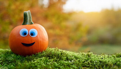 A Happy Pumpkin With Googly Eyes Rests on Moss in Autumn and Copy Space