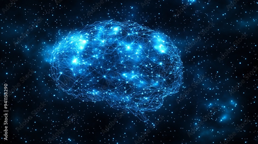 Aufkleber An abstract image of AI visualized as a glowing digital brain made up of data points and neural connections Stock Photo with copy space