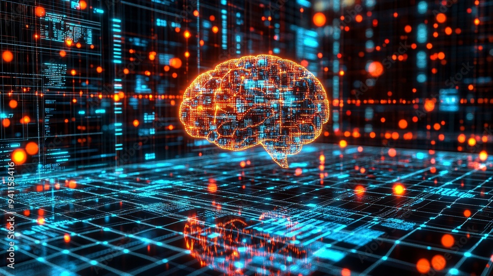 Aufkleber An abstract image of AI visualized as a glowing digital brain made up of data points and neural connections Stock Photo with copy space