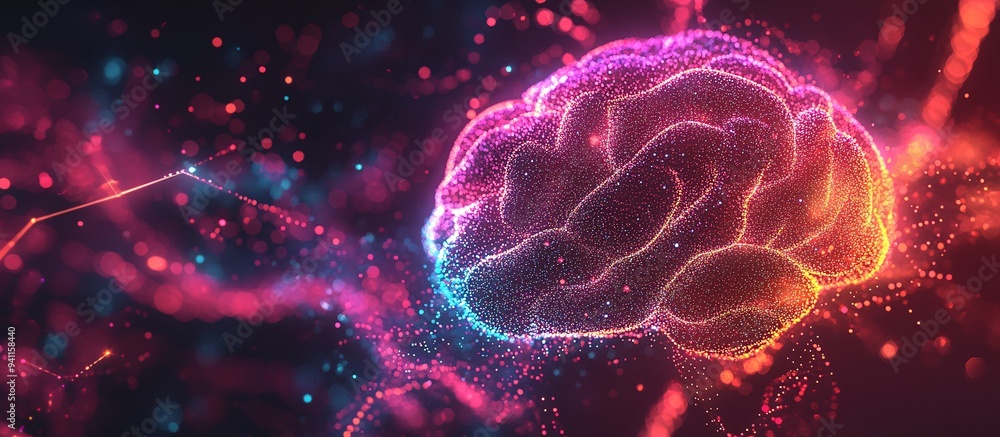 Aufkleber An abstract image of AI visualized as a glowing digital brain made up of data points and neural connections Stock Photo with copy space