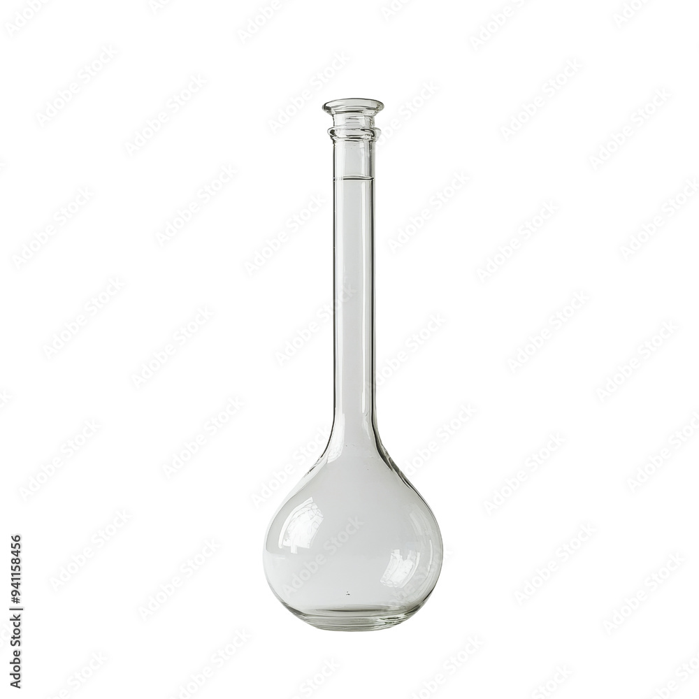 Wall mural transparent glass laboratory flask with a round bottom and narrow neck, isolated on transparent back