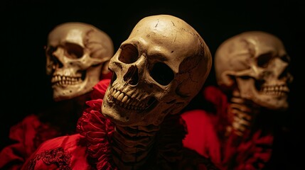Skeletons in a masquerade ball, shadows mingling with ornate costumes, dramatic lighting highlighting the eerie elegance