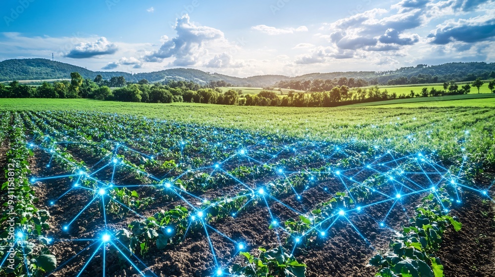 Poster a high-tech farming operation where ai monitors and optimizes crop growth and resource usage stock p