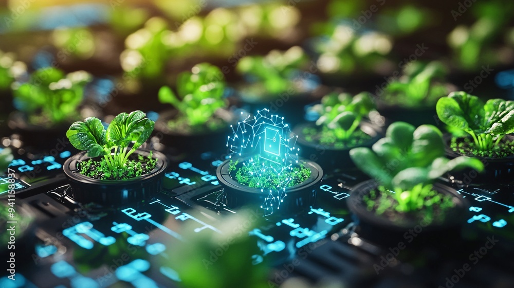 Poster a high-tech farming operation where ai monitors and optimizes crop growth and resource usage stock p