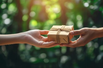 Fototapeta premium Gift Exchange with Hands and a Brown Box with Twine
