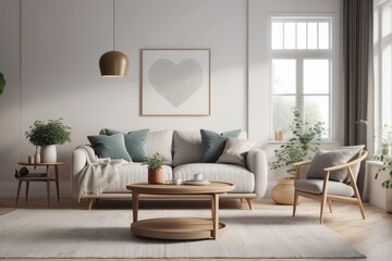 Modern Living Room Interior with White Sofa, Wooden Coffee Table, and Heart Art