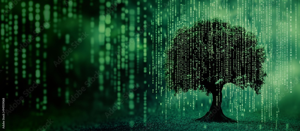 Aufkleber An abstract representation of AI as a digital tree with branches of code and data streams Stock Photo with copy space