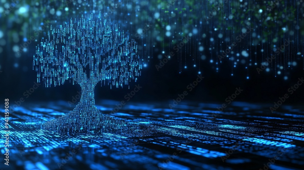 Aufkleber An abstract representation of AI as a digital tree with branches of code and data streams Stock Photo with copy space