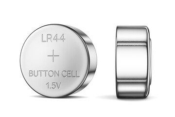 Close up alkaline battery button cell LR44 isolated. 3D rendering illustration. Transparent PNG...