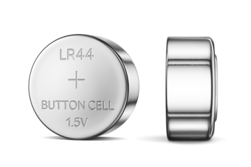 Close up alkaline battery button cell LR44 isolated. 3D rendering illustration. Transparent PNG image.