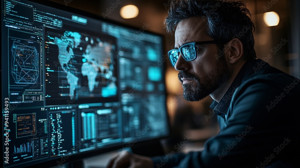 Poster A logistics manager using AI-powered tools to optimize the supply chain and reduce costs Stock Photo with copy space