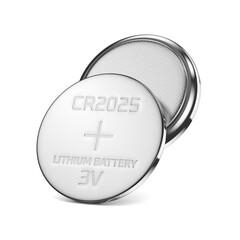 Two CR2025 lithium batteries both sides isolated. 3D rendering illustration. Transparent PNG image.
