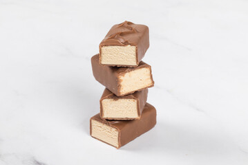 Vegan dessert. Chocolate bar. Souffle In chocolate. White background. Close-up	