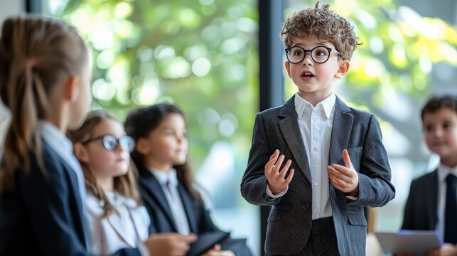 A child dressed as a businessman, giving a speech to other children acting as business professionals