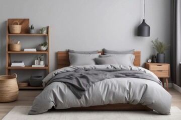 Grey Bedding on a Wooden Bed Frame with Minimalist Decor